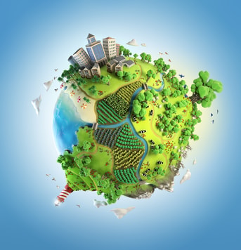 Stock Photo Globe Concept Showing A Green Peaceful And Idyllic Life Style In The World In A Cartoon Style 124871620