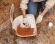 Top view woman restoring wooden furniture